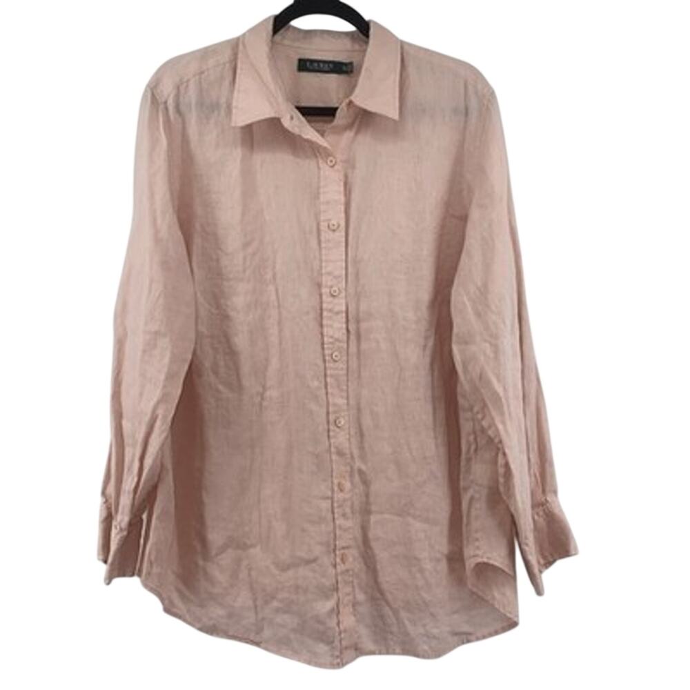 Lauren Ralph Lauren Shirt Womens 2X Pink Linen Roll Tab Button Up Long Sleeve